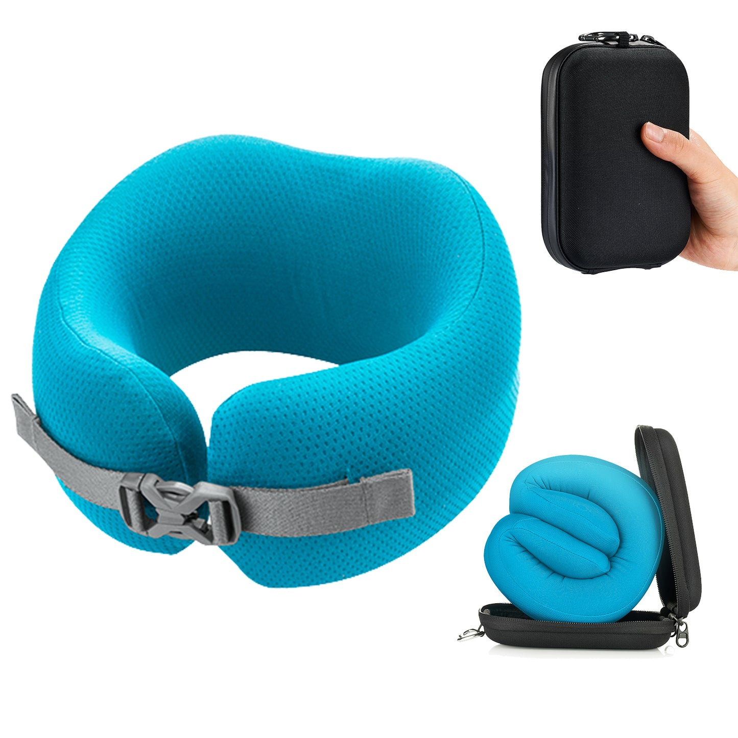 Neck Travel Pillow by Skypillow, One-of-a-kind Orthopedic Travel Pillow, Prevent Neck Cramps, Improve Posture; Memory Foam and Adjustable, Washable Cover, Includes Carrying Case and Clip (Blue) (SM)