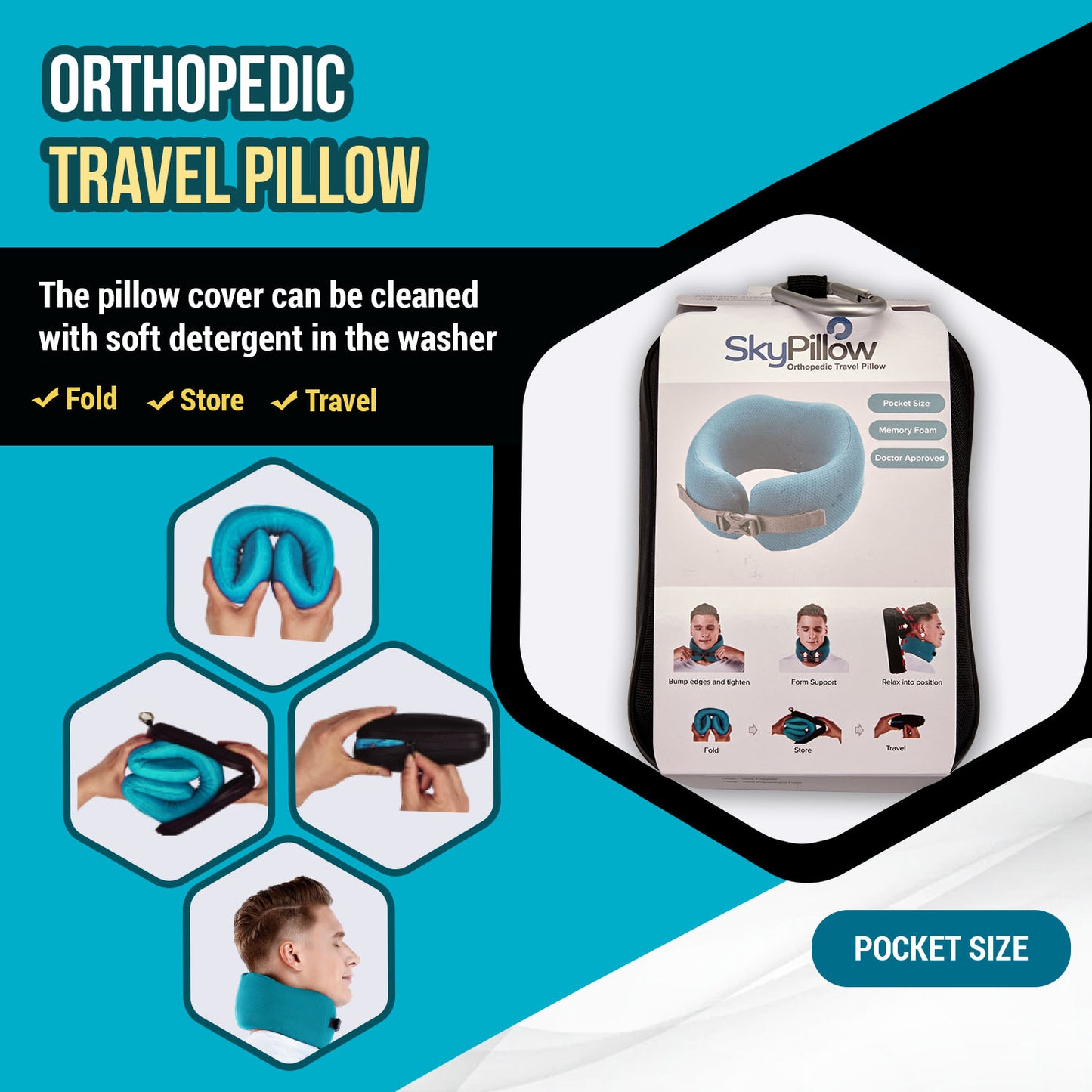 Neck Travel Pillow by Skypillow, One-of-a-kind Orthopedic Travel Pillow, Prevent Neck Cramps, Improve Posture; Memory Foam and Adjustable, Washable Cover, Includes Carrying Case and Clip (Blue) (SM)