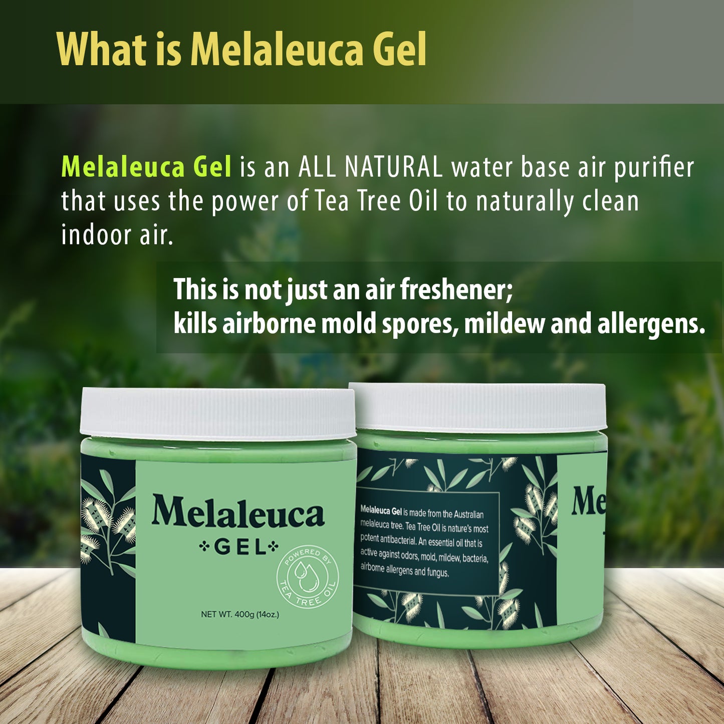Melaleuca Gel All Natural Odor Eater with 100% Australian Tea Tree Essential Oil that naturally cleans the air of allergens. Clean air in moist basements, RV's, Boats, and more