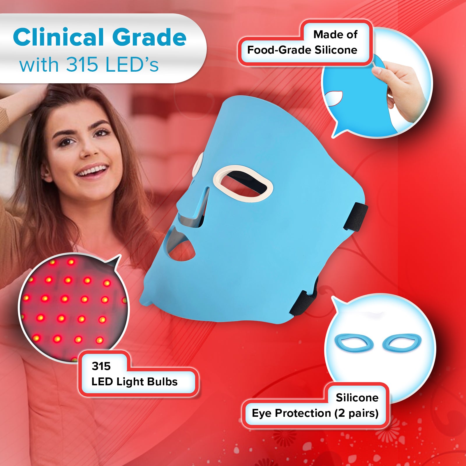 Multi-Spectrum Red Light Therapy for Face, 7 spectrums-Red, Blue, Cyan, Yellow, Purple, Green, Violet, 660nm & 850nm Wavelength, 100% Silicone, 324 Total LED'S, Portable Rechargeable Battery